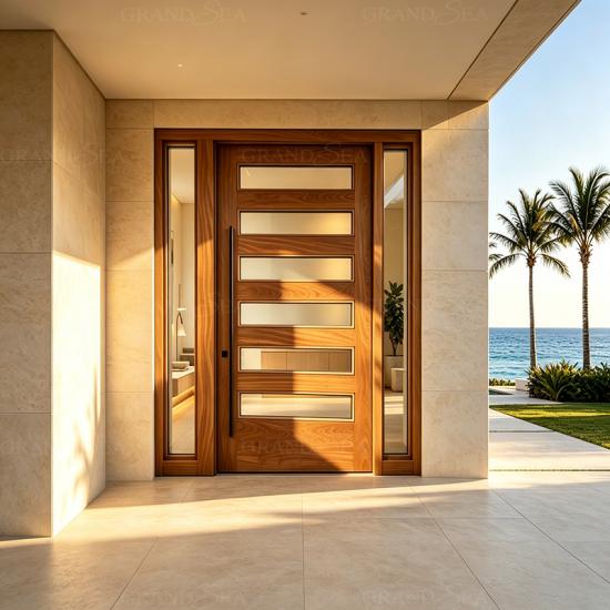 Porte d'ingresso a bilico in legno e vetro